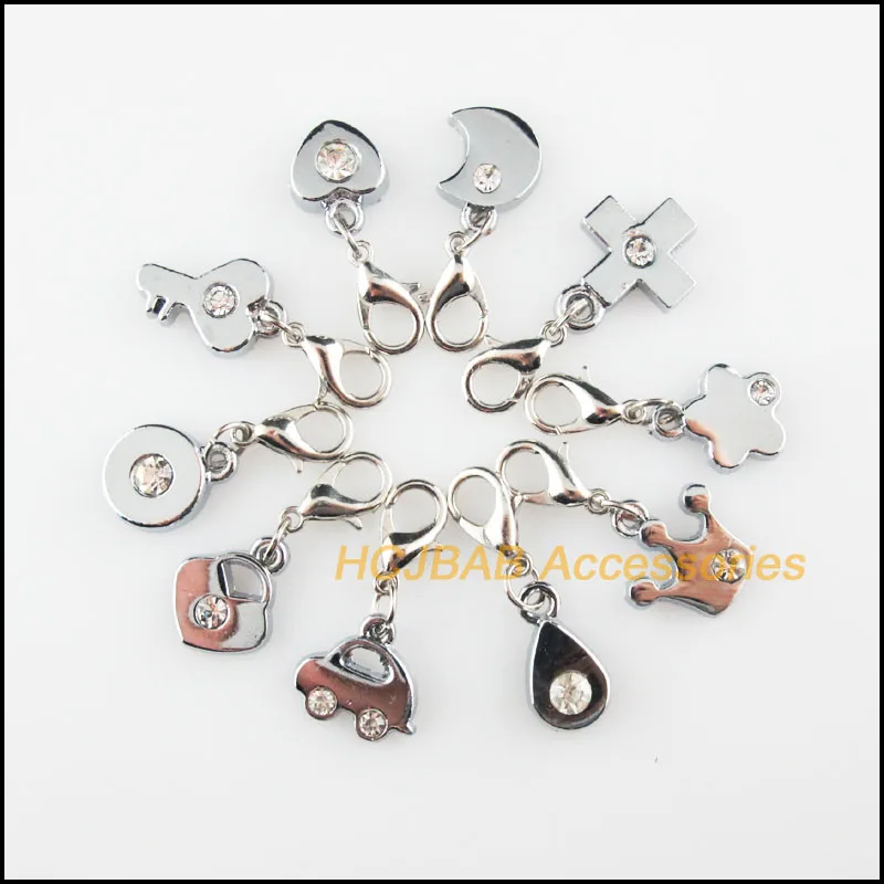 10Pcs Retro Tibetan Silver Plated Heart Cross Star Crown Teardrop Moon Charms Pendants With Lobster Claw Clasps