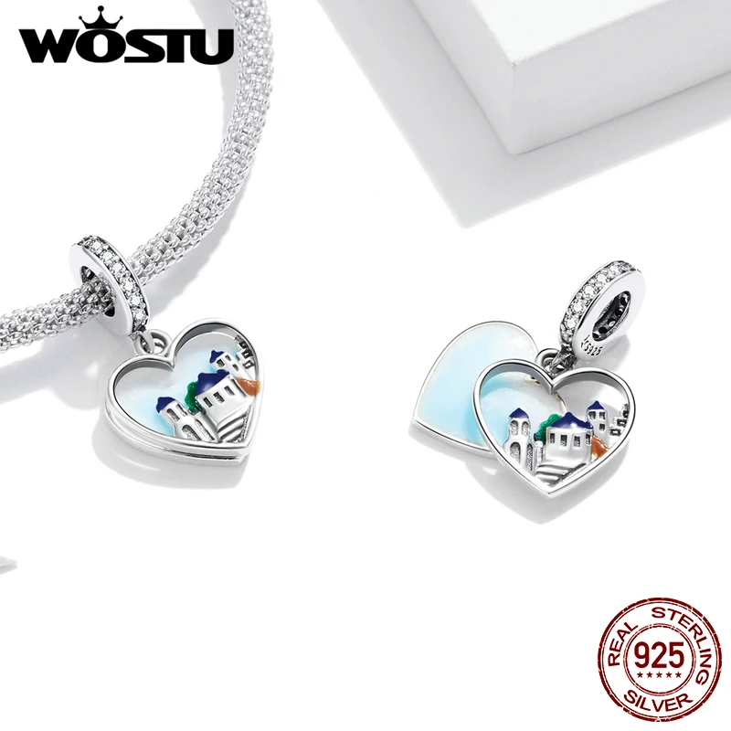 WOSTU Charming Scenery Heart Shaped Charms 100% 925 Sterling Silver Beads Fit Original Silver Bracelet Fine Jewelry FIC1742