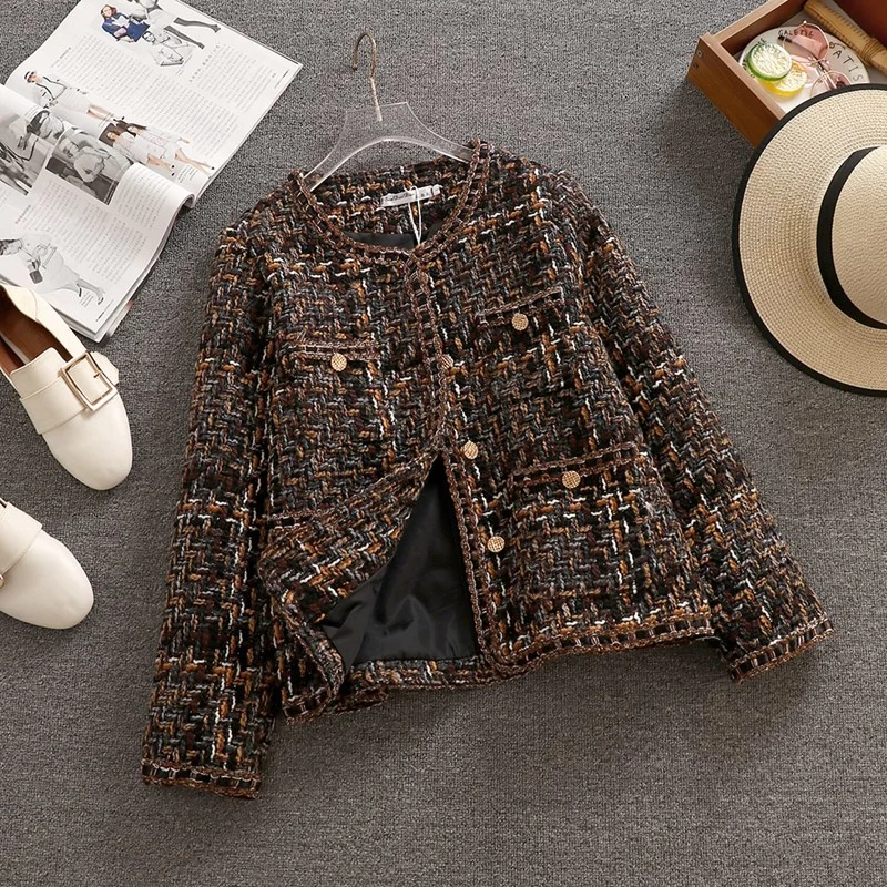 Woolen Jacket Women\'s Short Autumn Winter Korean Temperament Slim Ladies Tweed Jacket Single-breasted Plaid High-quality Coat