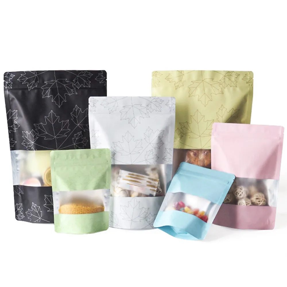 

500Pcs Zip Lock Tear Notch Stand Up Gift Nut Food Storage Pack Colorful Mylar Foil Bag with Frosted Window Maple Leaf Printed