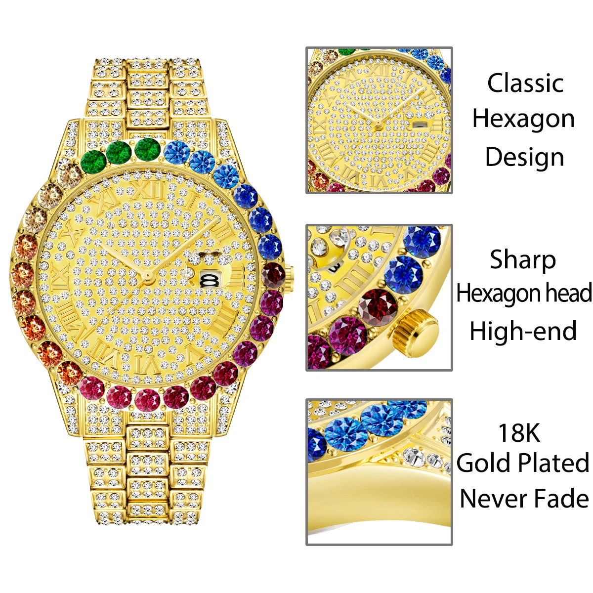 18K Gold RelojHombre MISSFOX Rainbow Bezel Ice Out Diamond Fashion Couple Watch Calendar Waterproof Quartz Watches Droshipping