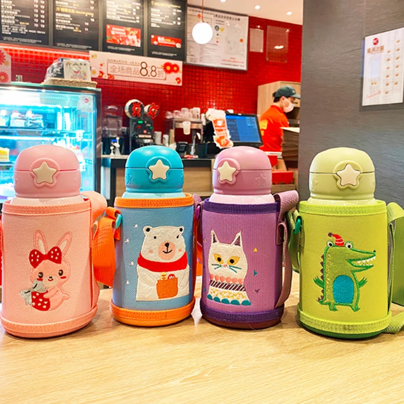 

350ml creative cartoon children's thermos cup 316 liner stainless steel student straw water cup with cup holder straps