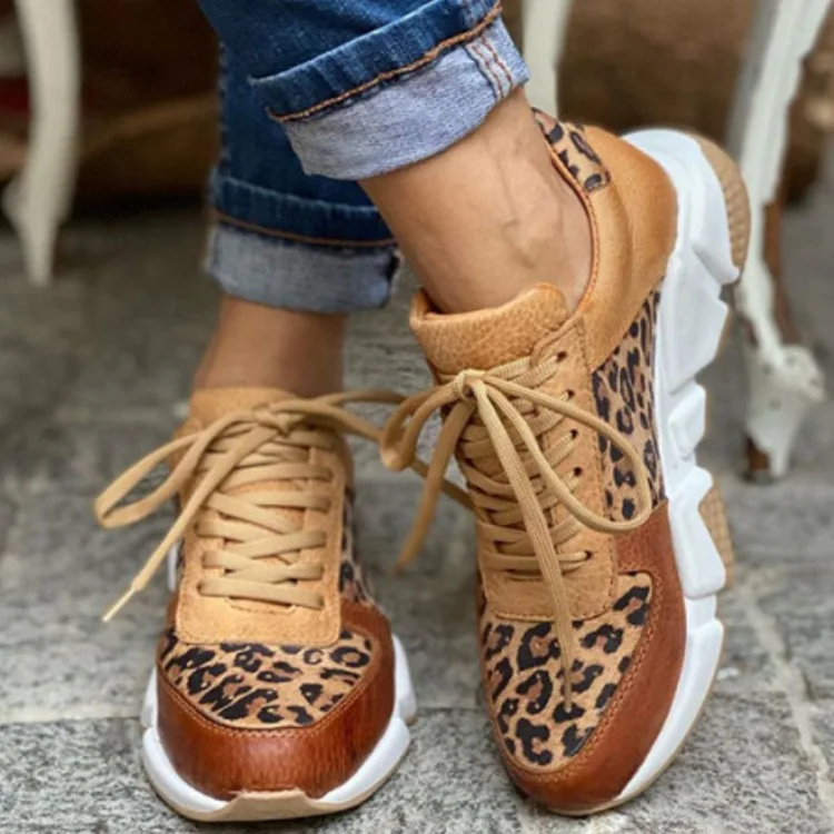 New Thick-soled Round Toe Low-top Leopard Print Women\'s Singles Cross-large Stitching Lace-up Sneakers