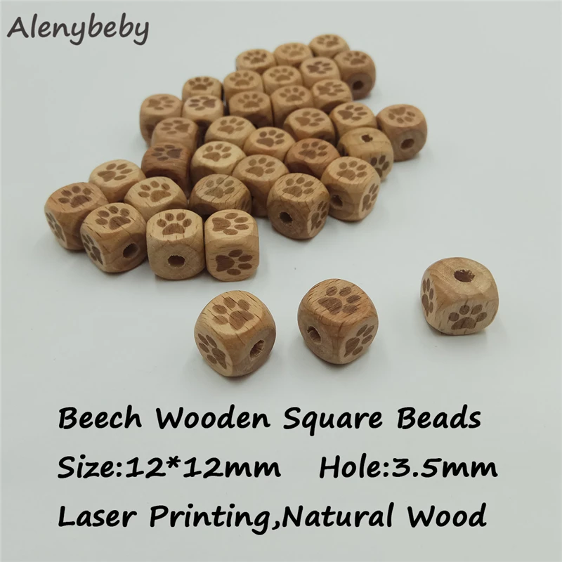 Beech Wood Faceted Printed Bear paw Bead 12mm Unfinished Natural Figure Quartet Wooden cube Beads For DIY Nursing Teether