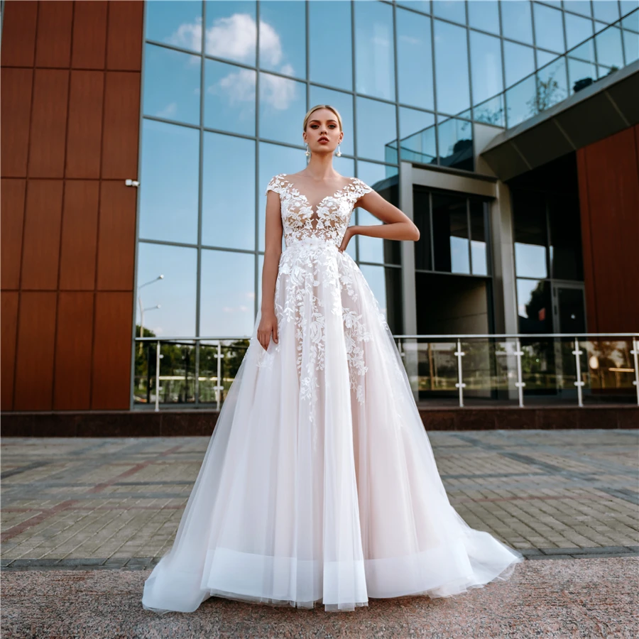 

Open V-neck Lace Applique Blush Color Wedding Dress Illusion Back A-line Bridal Dress vestido de casamento