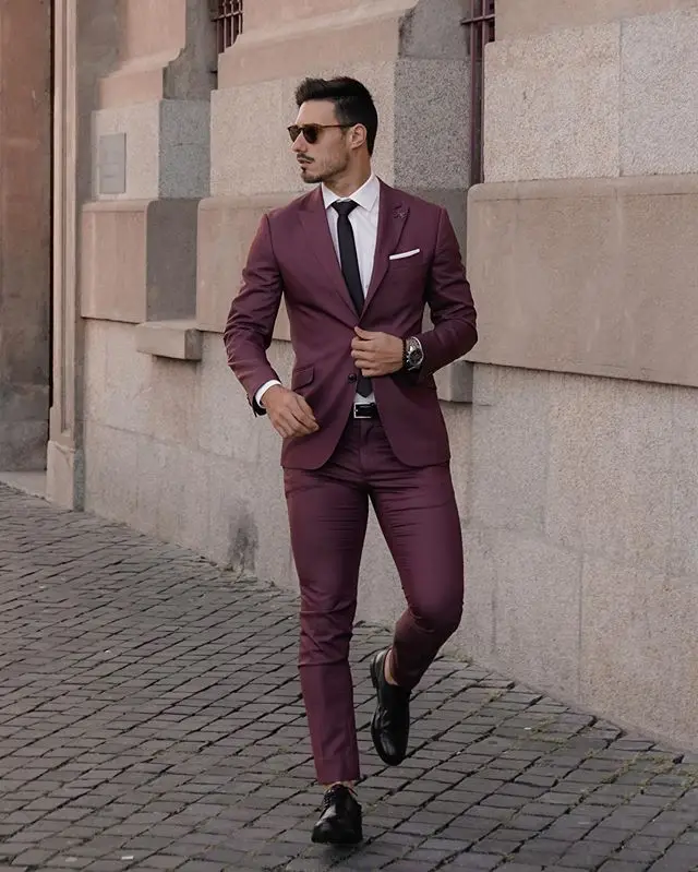 Esmoquin de boda para hombre, Blazer ajustado con dos botones, traje de negocios para fiesta y graduación, Burgundy, 2 piezas, 2021