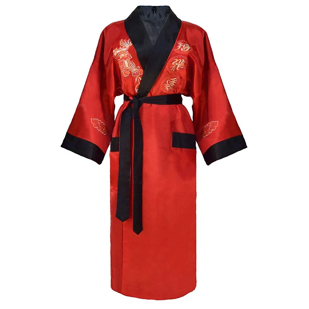 Red Black Chinese Men Reversible Satin Robe Embroidery Dragon Kimono Bathrobe Gown Two-side Nightwear Silky Loose Sexy Sleepwear