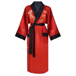 Robe de cetim reversível bordado dragão masculino, pijamas de dois lados, roupas de dormir sexy soltas, quimono dragão, vestido sedoso vermelho e preto, chinês