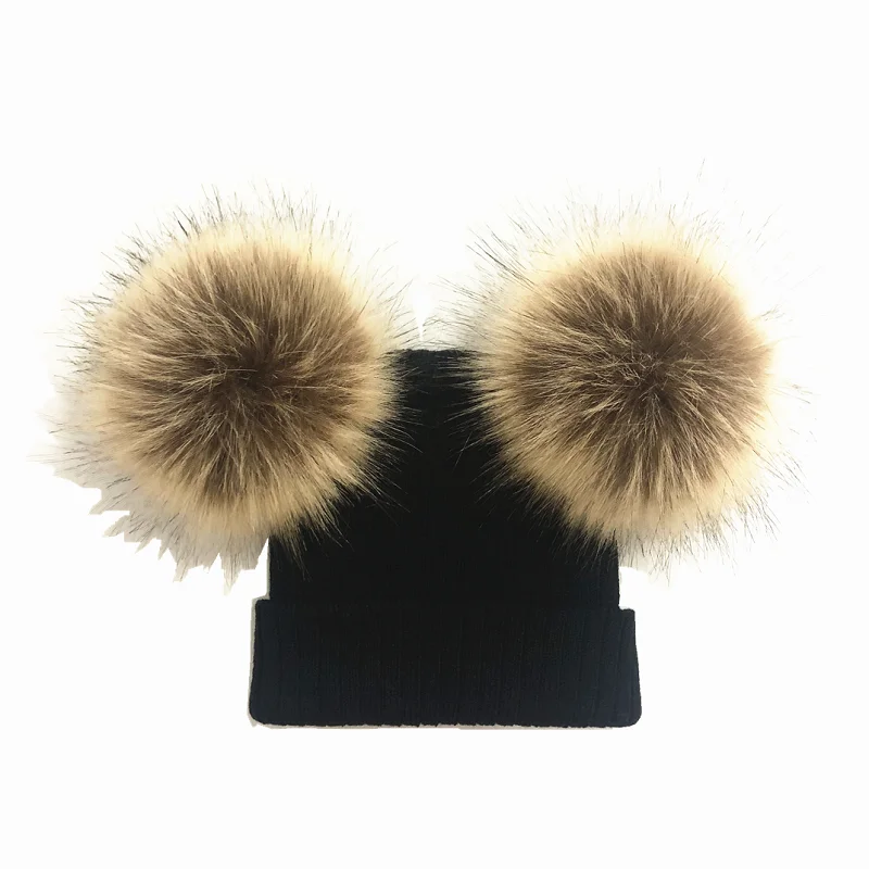 Crianças malha de pele do falso duplo pompom chapéu tampas de inverno para bebê menina criança crianças gorro