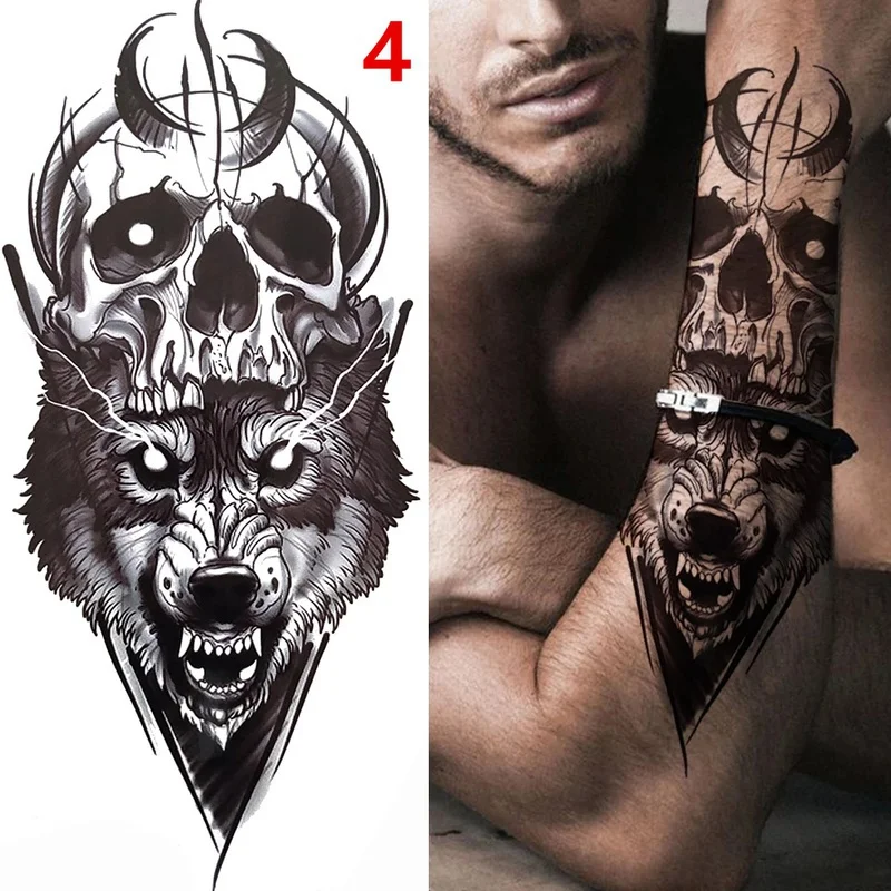 1PC Black Forest Tattoo Sticker For Men Women Tiger Wolf Death Skull Temporary  Fake Henna Skeleton King Animal Tatoo