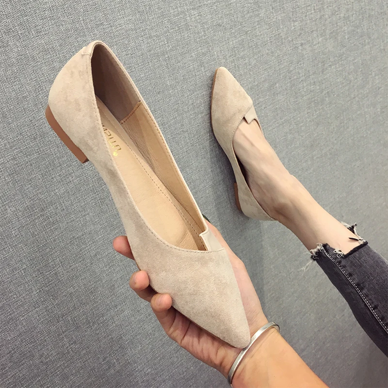 Women Flats Flock Leather Pointed Toe Solid Color Apricot Plus Small Size 31 32 33 34 Big Size 43 44 45 46 Lady Flat Heel Shoes