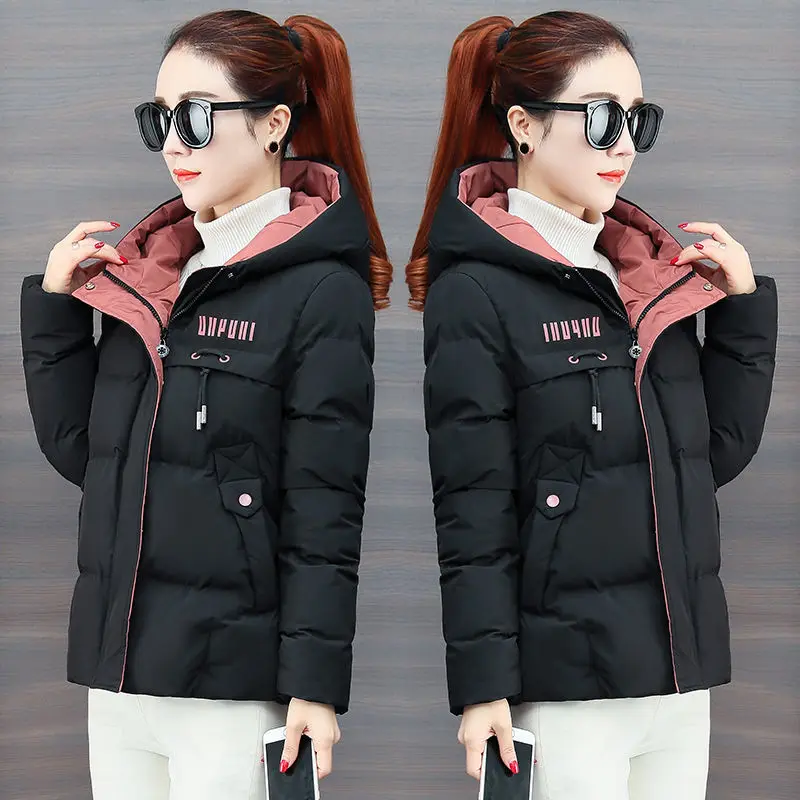 New 2024 Winter Clothes Ladies Jacket Down Cotton Printing Zipper Hooded Miss Slim Short Thin Down Cotton Keep Warm Female Coat