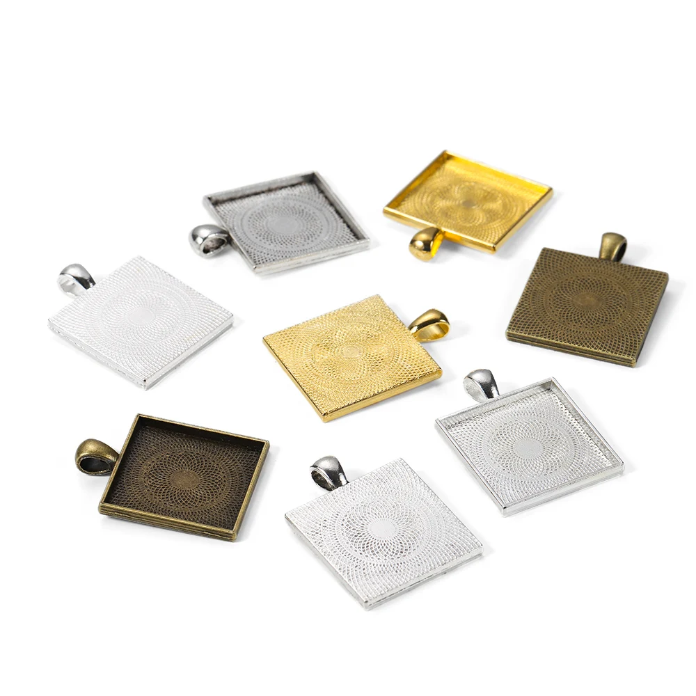 5pcs/lot Square Cabochons Bases Settings Pendant Bezel Trays Fit 25mm Glass Cabochon DIY Necklace Making