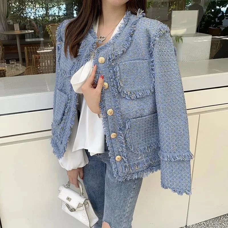 Chic Women\'s Winter Tweed Fringe Beaded Jacket High Quality Female Blue Woolen Coat