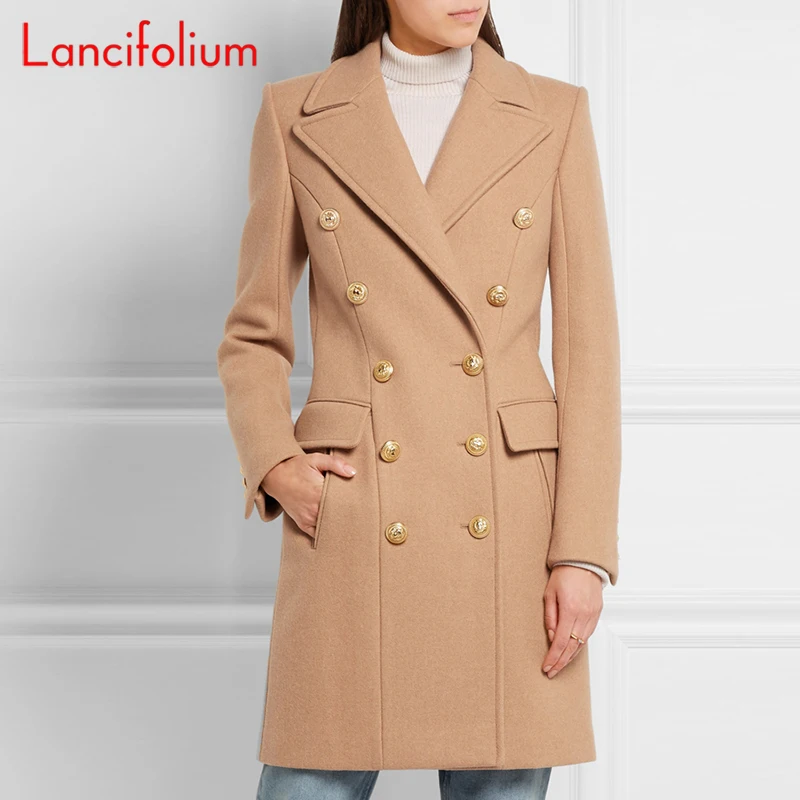 Long Woolen Coat Women Autumn Winter Fashion Military Black Wool Blends Double-breasted Slim Elegant Woolen Coat Outwear Jacket