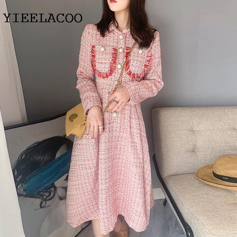 Small fragrance dress long-sleeved women\'s autumn 2021 new style waist a-line retro big swing dress light blue One-piece dress