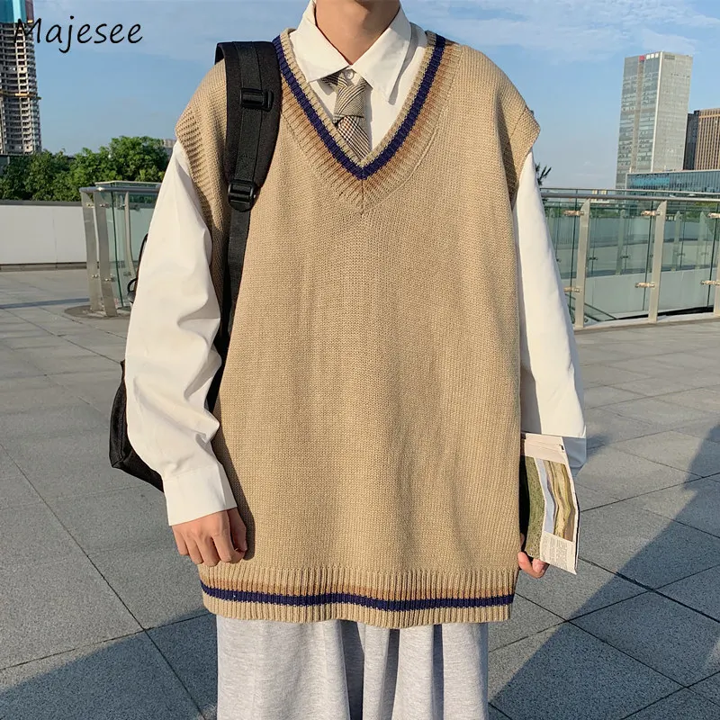 

Men Preppy Style Sweater Vests Oversize Trendy Patchwork Couple Unisex Japanese Leisure Knitted Males Jumpers Soft Teenagers Hot