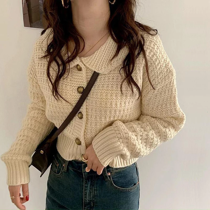 Autumn Orange Crop Top Sweater Peter Pan Collar Button Up Baggy Korean Fashion Knit Cardigan Sweater Coat Fall Winter Women 2021