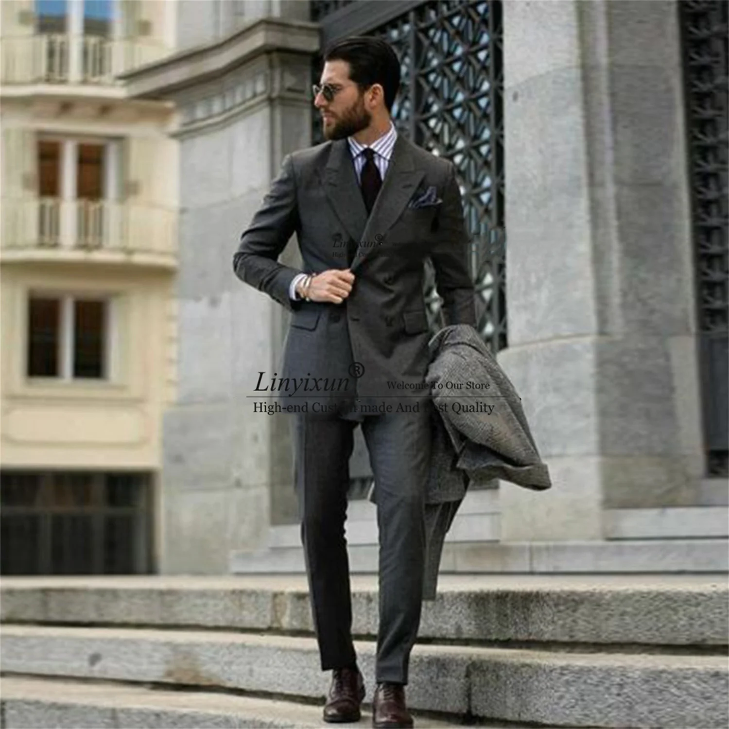 Classic Grey Men Suits Double Brested Wedding Groom Tuxedo Business Traje Hombre 2 Pieces Set Jacket With Pants Terno Masculino