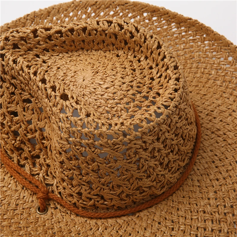 2021New Fashion Summer Men Women Panama Cowboy Hats Hollow Out Straw Hat Leather Ribbon Large Brim Sun Beach Hat Jazz Cap Fedora