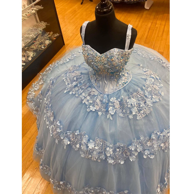 Vestidos De quinceañera azules con tirantes finos, apliques De flores en 3D, perlas De 16 años, Vestidos De fiesta De cumpleaños hinchados 2022