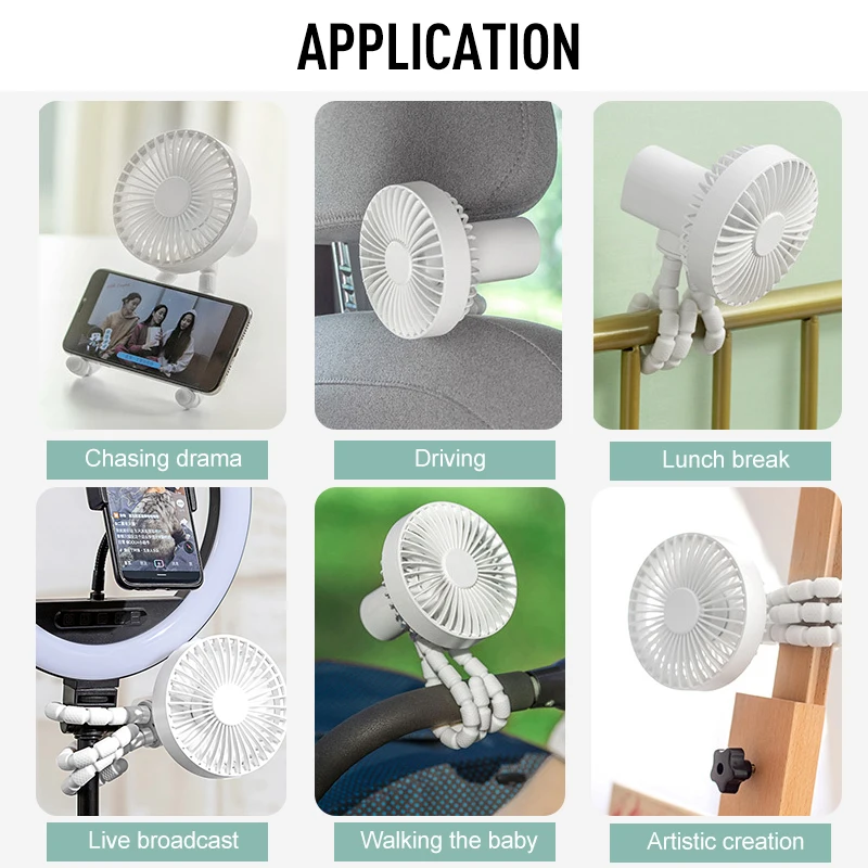 Mini Stroller Fan Cooler Clip for Baby Rechargeable Hand Fan with Head Shaking Desktop Table USB Portable Fan House Kitchen