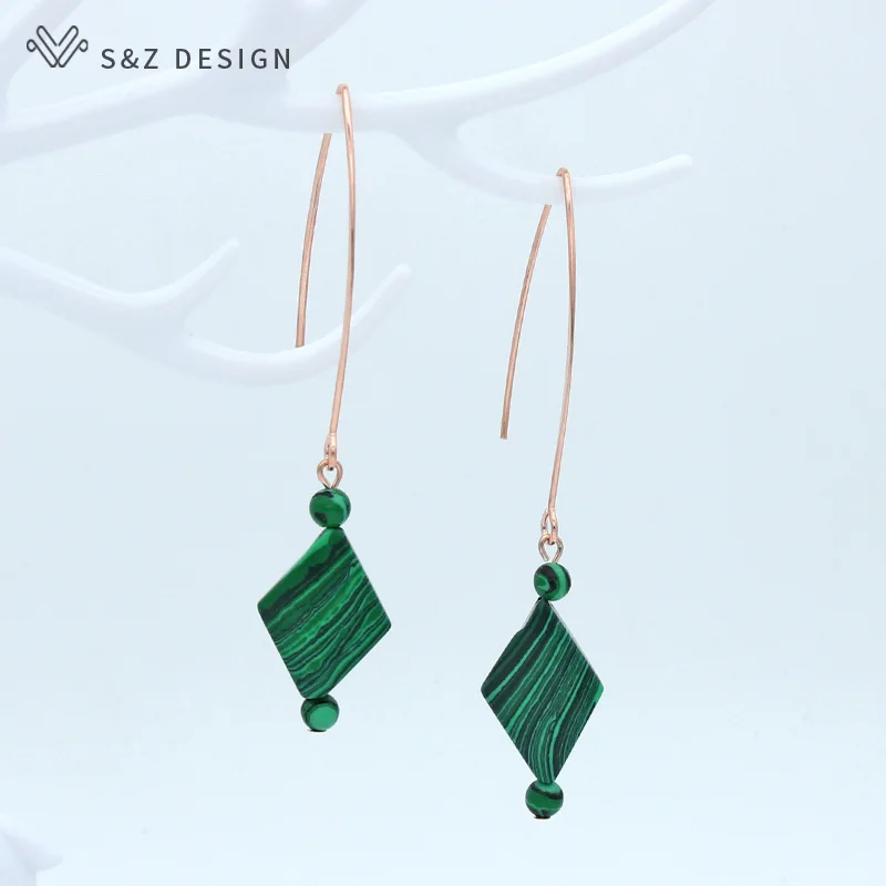 S&Z DESIGN New Long Prismatic Natural Malachite Dangle Earrings Vintage 585 Rose Gold Color Eardrop For Women Wedding Jewelry