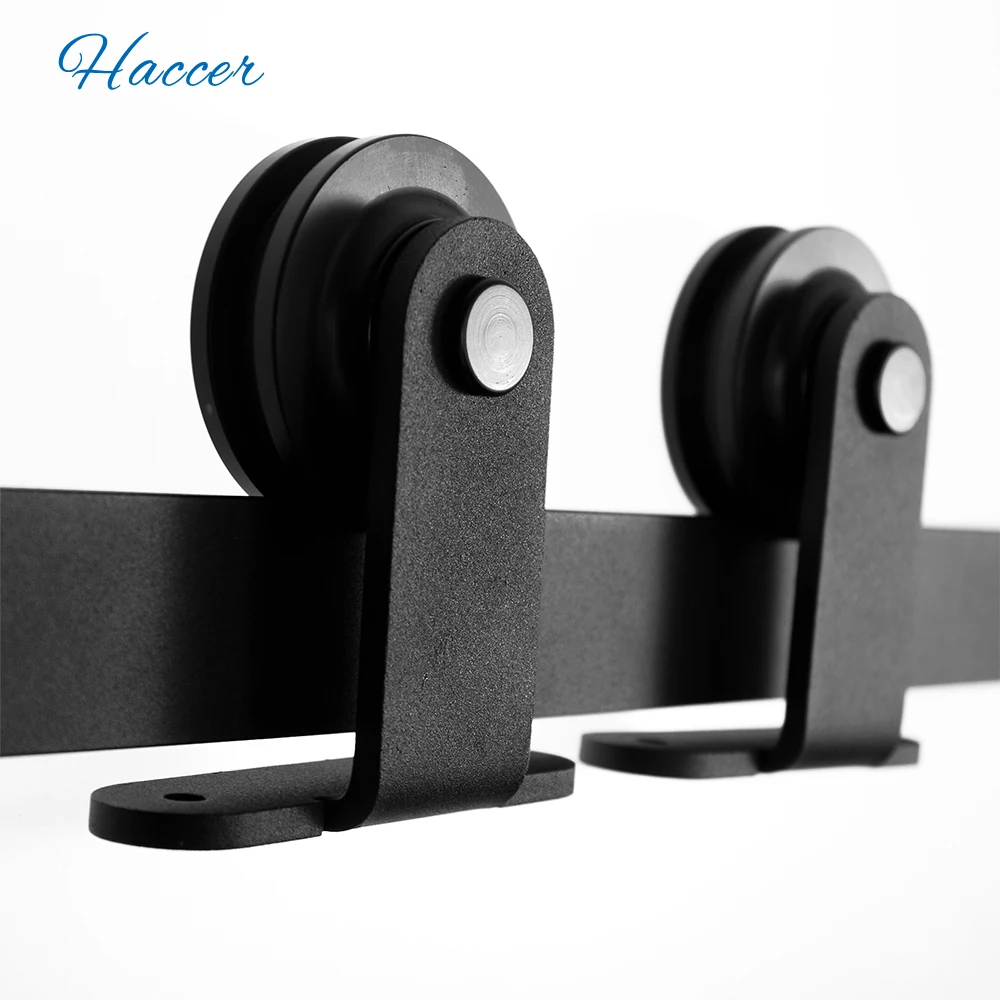 HACCER T-Shaped 4-16FT Barn Door Slide Hardware Kit Top Mounted Hanger Track System Black Steel Closet Door Roller Rail