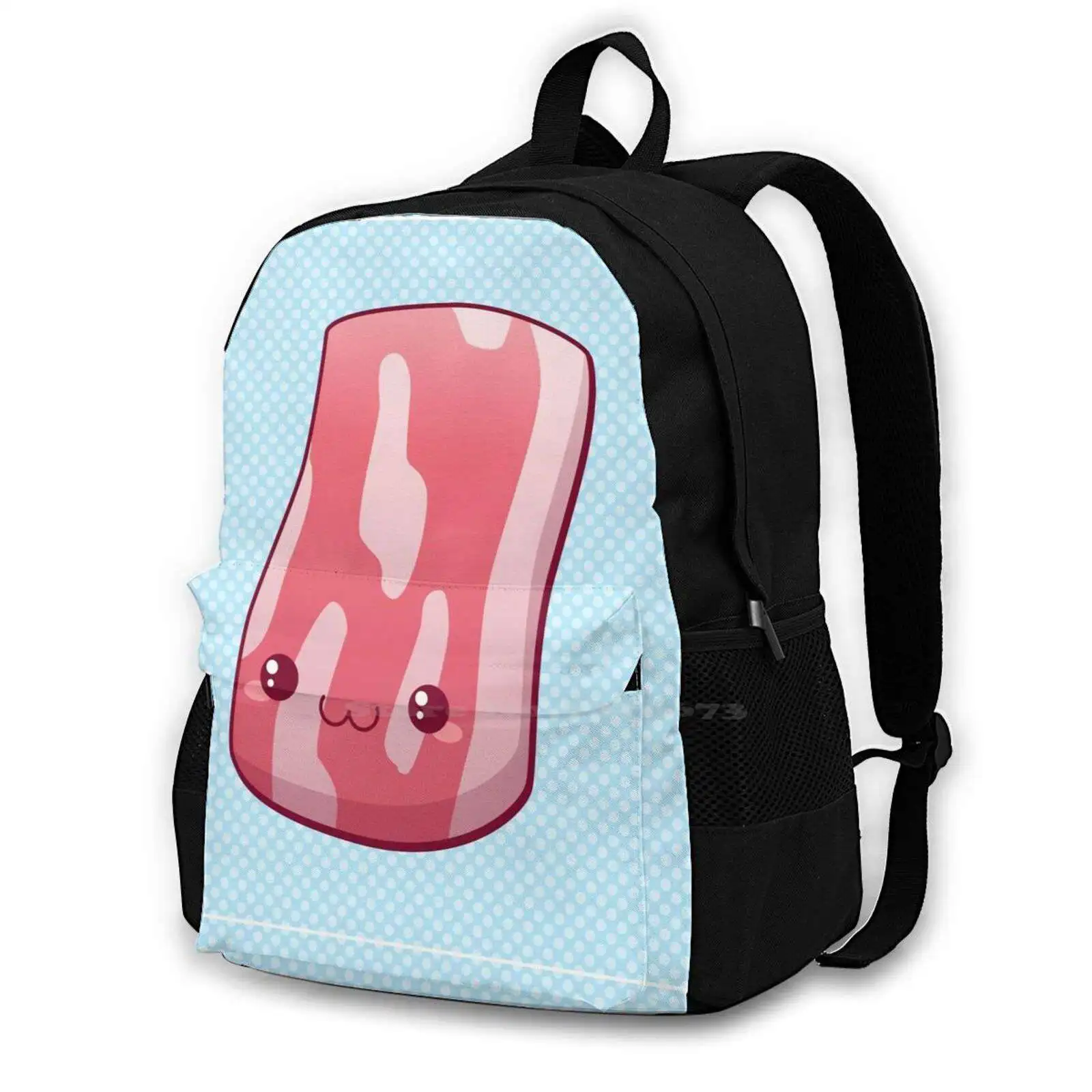 Bacon! Teen College Student Backpack Pattern Design Bags Bacon Meme Cute Kawaii Tasty Snack Meat Food Nom Katie White Breakfast