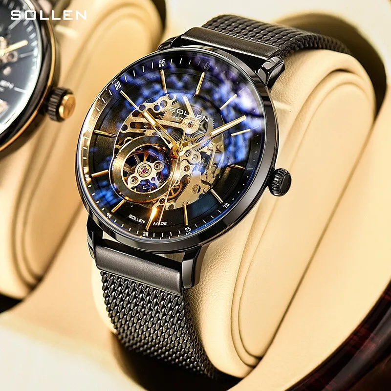 Sollen novo relógio de pulso oco mecânico dos homens de luxo aço inoxidável gmt para homens marca superior relógios reloj hombre