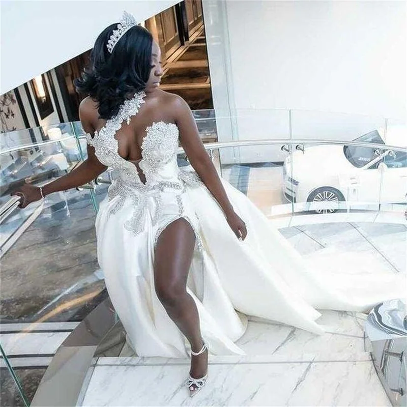 Abiti da sposa con spacco alto in cristalli abiti da sposa con una spalla abito da sposa Sexy in raso su misura Robe de mariée