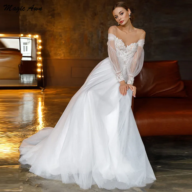 Magic Awn Graceful Pofmouwen Trouwjurken Kant Applicaties Sheer Scoop Vintage Prinses Illusion A-lijn Wedding Party Dress