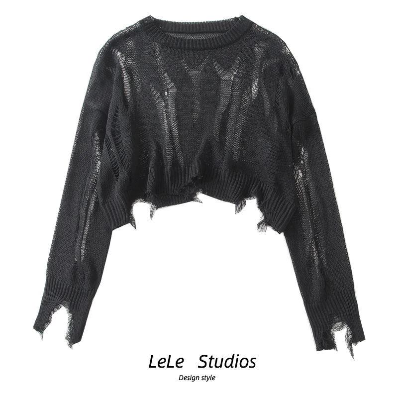 2021 New Hollow Out Holes Knitted Pullover Loose Black Thin Asymmetric Hot Girls Sexy Chic Crop Top Short Sweater Jumper Women