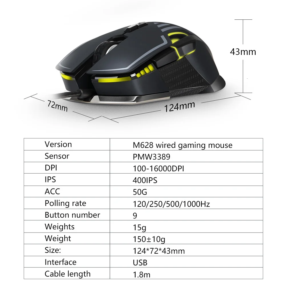 Delux M628 sensore Mouse da gioco 16000 DPI pulsante 9 ACC RGB conduttore Mouse ottico doppio braccio Kit pesante