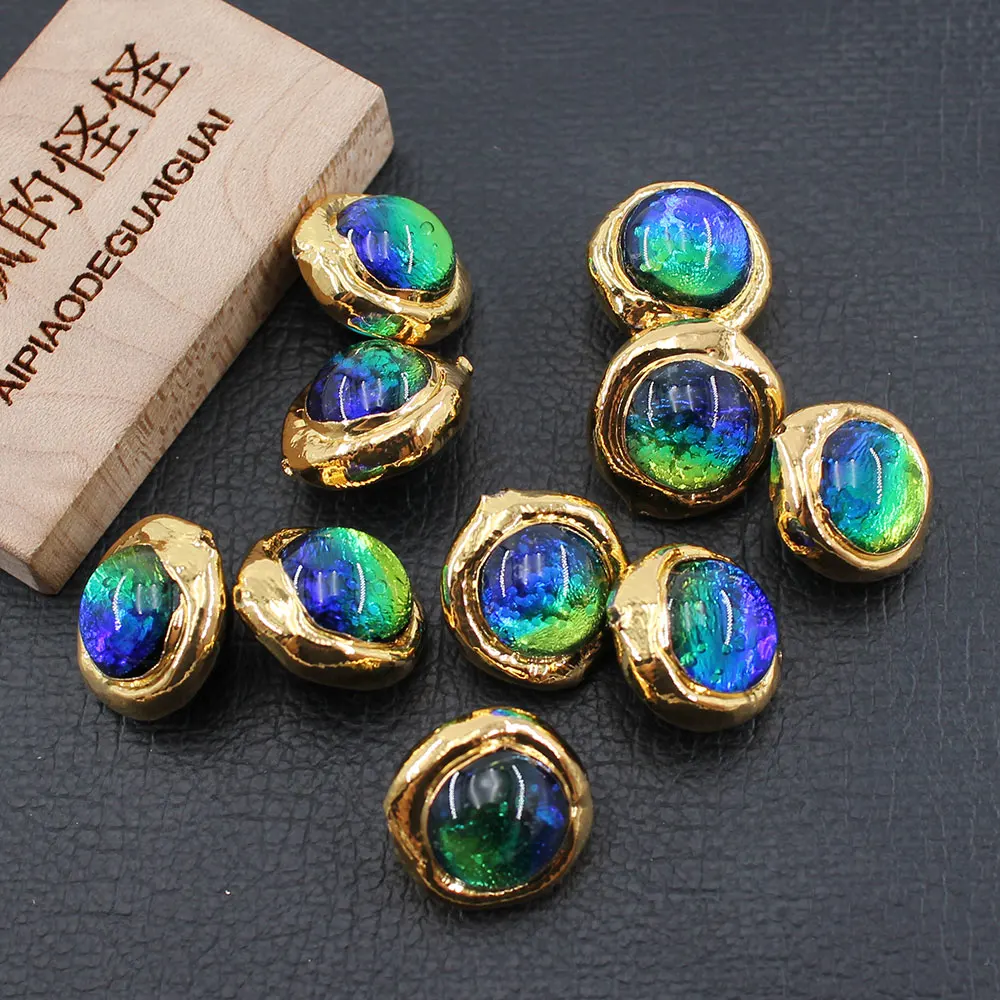 APDGG 10Pcs 16MM Blue Moss Murano Glass Coloured Glaze Loose Beads Gold Plated Connector Beads For Necklace Pendant Jewelry DIY