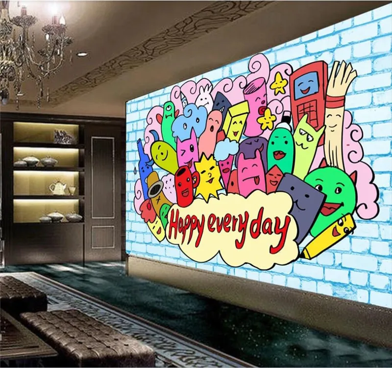 Professional custom high-end wallpaper hand-painted street KTV cute graffiti background wall - high-grade waterproof material