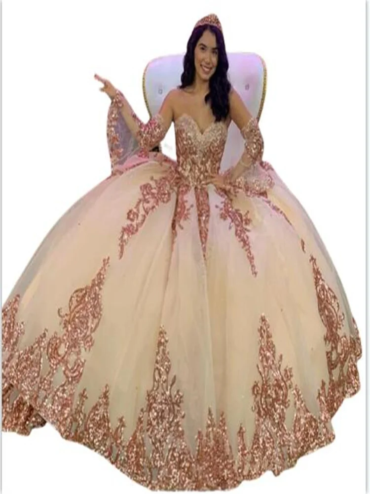 Prinsessenjurk Quinceanera Jurken 2022, Modern liefje Kant Appliqué Pailletten Baljurk Tule Vintage avondfeest