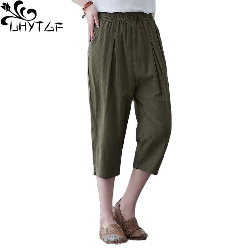 

UHYTGF Fashion Women Pants Elastic High Waist Cotton Silk Thin Summer Trousers Female Solid Casual Beach Loose Size Bloomers1472