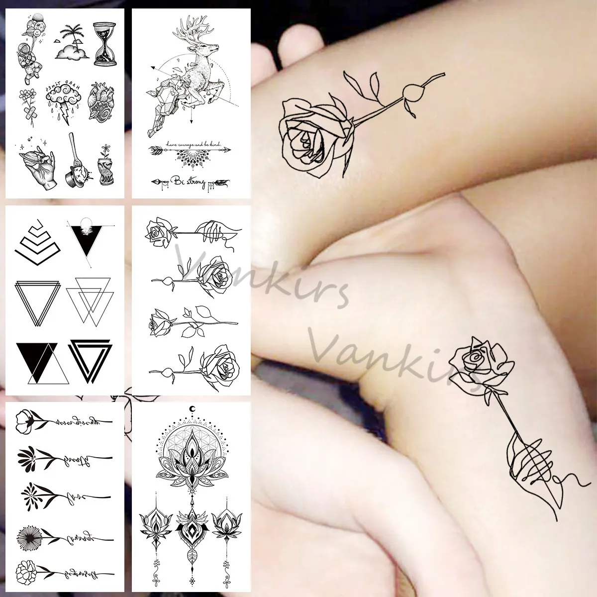 

Карандаш эскиз Роза цветок временные татуировки для женщин девочек Лось Геометрическая хна Мультяшные песочные часы искусственная кожа