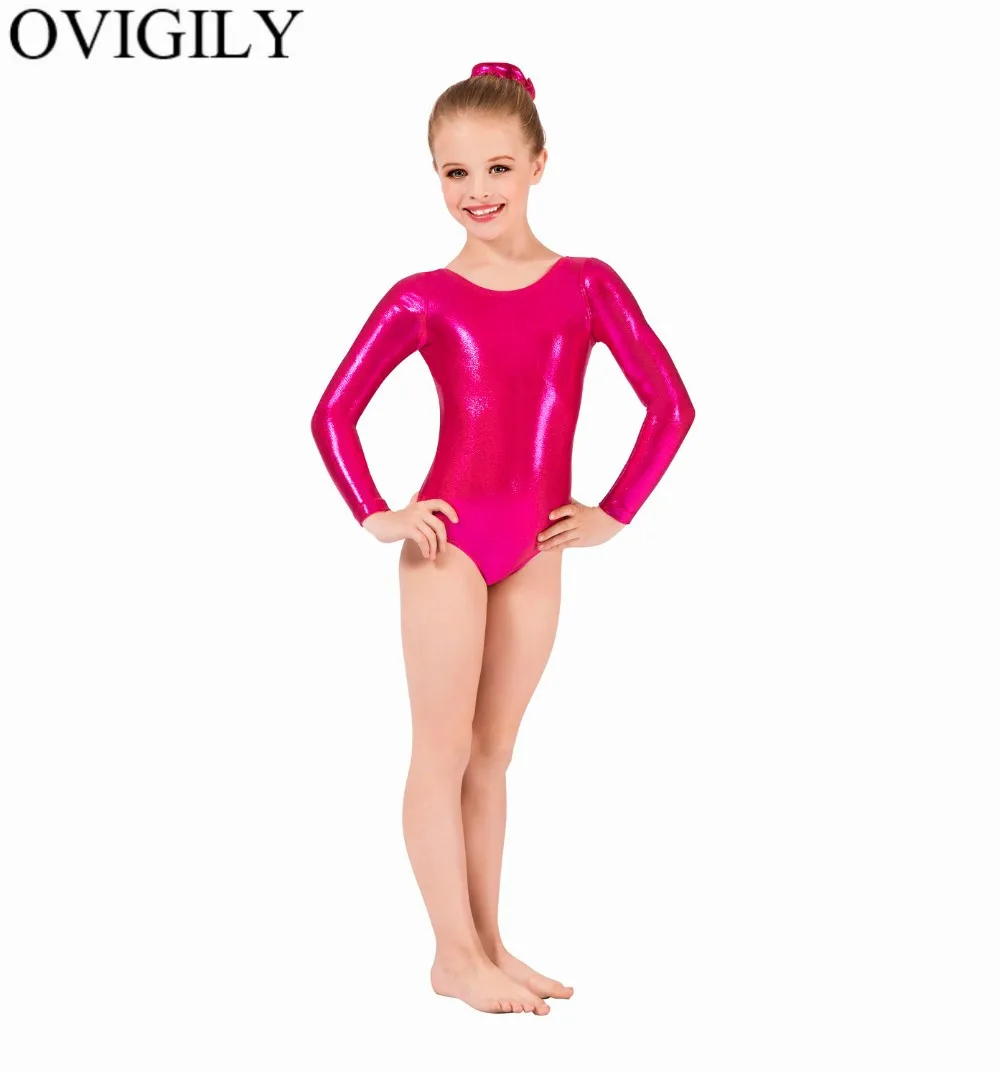 OVIGILY Kids Red Ballet Leotards for Girls Gymnastics Shiny Metallic Long Sleeve Dancewear Costumes Toddler