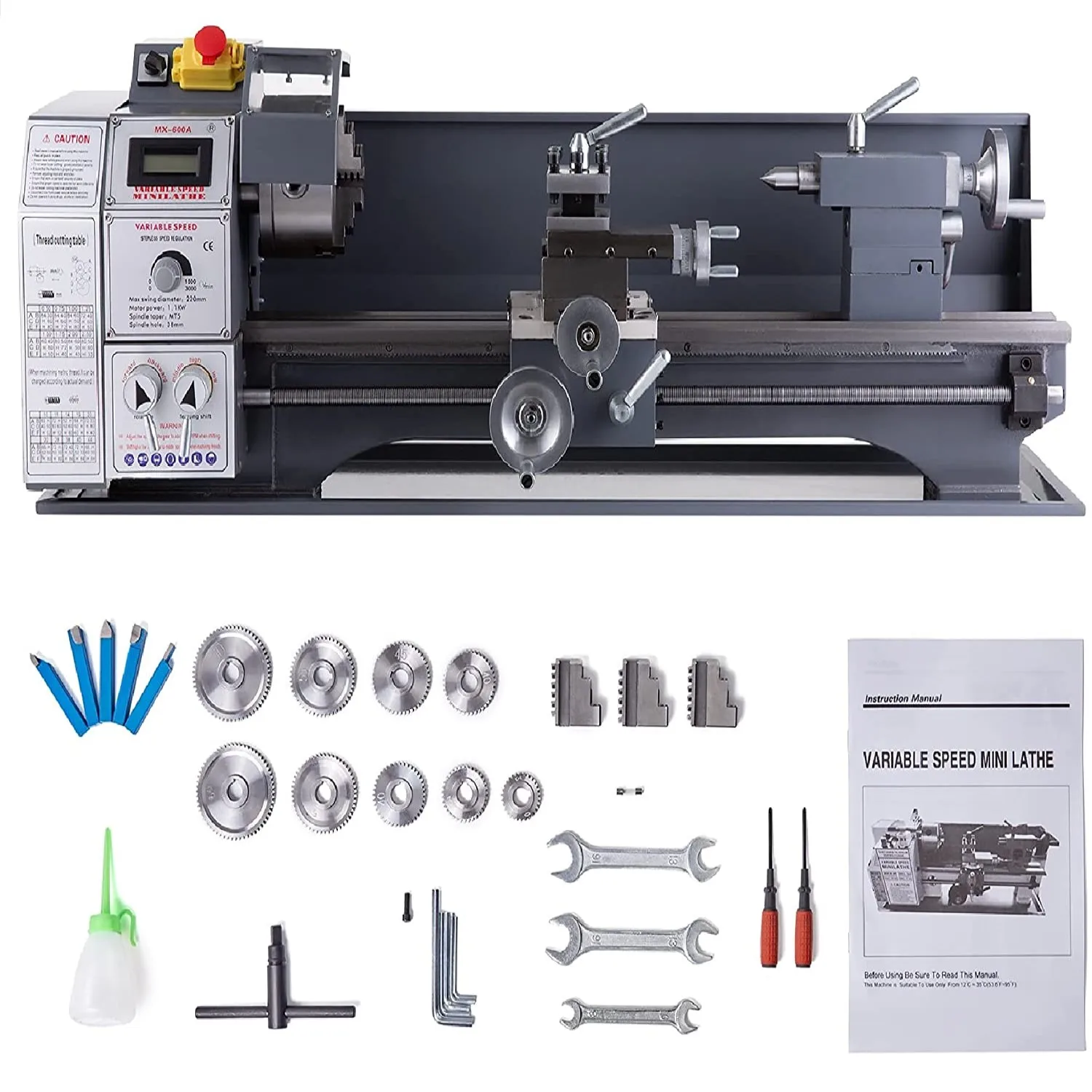 MX-600A Lathe Metal 1100W Mini Lathe Machine Drilling Machine Wood Lathe Variable Speed Thread Cutting Table With 5Pcs LatheTool