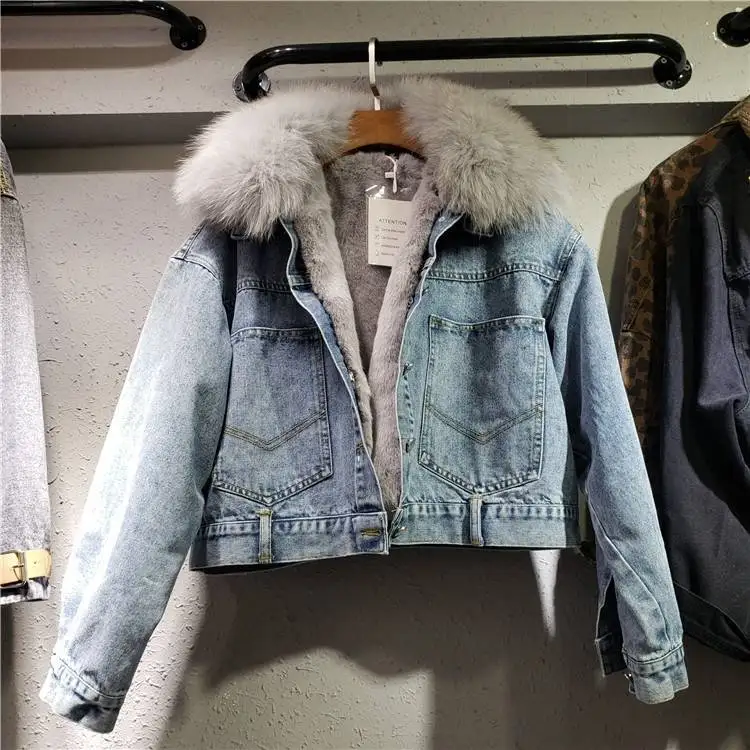 Nieuwe Vrouwen Denim Jas Met Bont Winter Korte Jeans Warm Hooded Fluwelen Jasje Femme Faux Bontkraag Gewatteerde Bomber Windbreake2