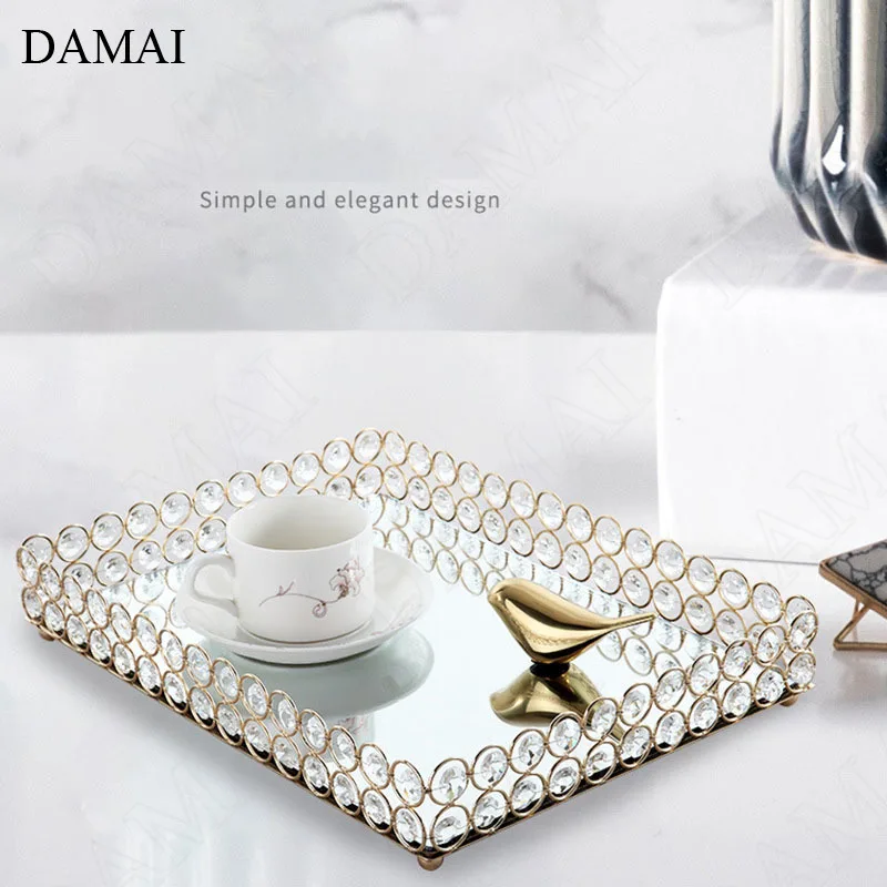 

Creativity Gold Inlay Mirror Tray Nordic Modern Gilded Inlaid Crystal Tea Cup Wine Set Storage Tray Home Living Room Decoration