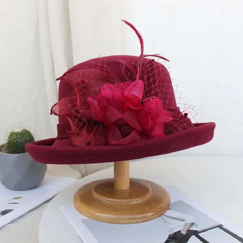 2021 frauen Warme Wolle Filz Blumen Hut Damen Breiter Krempe Hut Herbst Winter Edle Elegante Mädchen Mode Party Kappe Dekoration – Detail 15