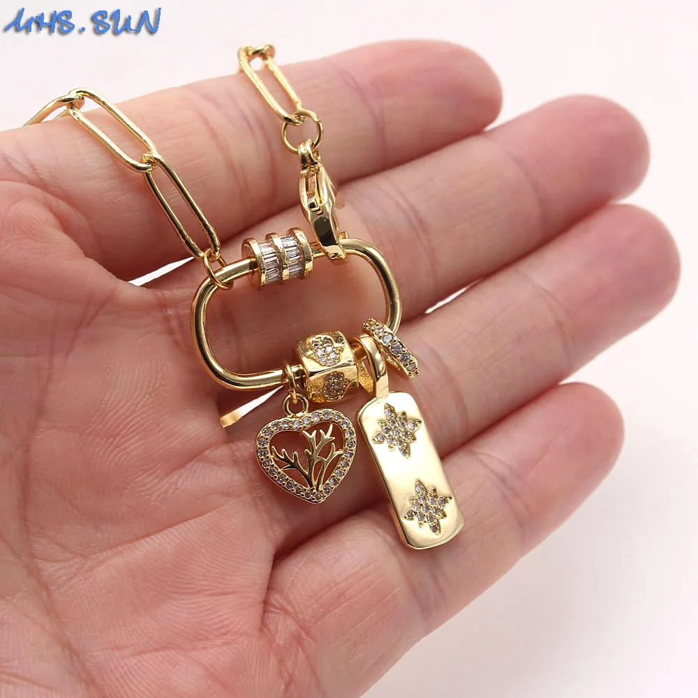 MHS.SUN Unique Design Women Screw Lock Zircon Heart Pendant Necklace Gold Color Paper Clip Chain Necklaces Jewelry Party Gift