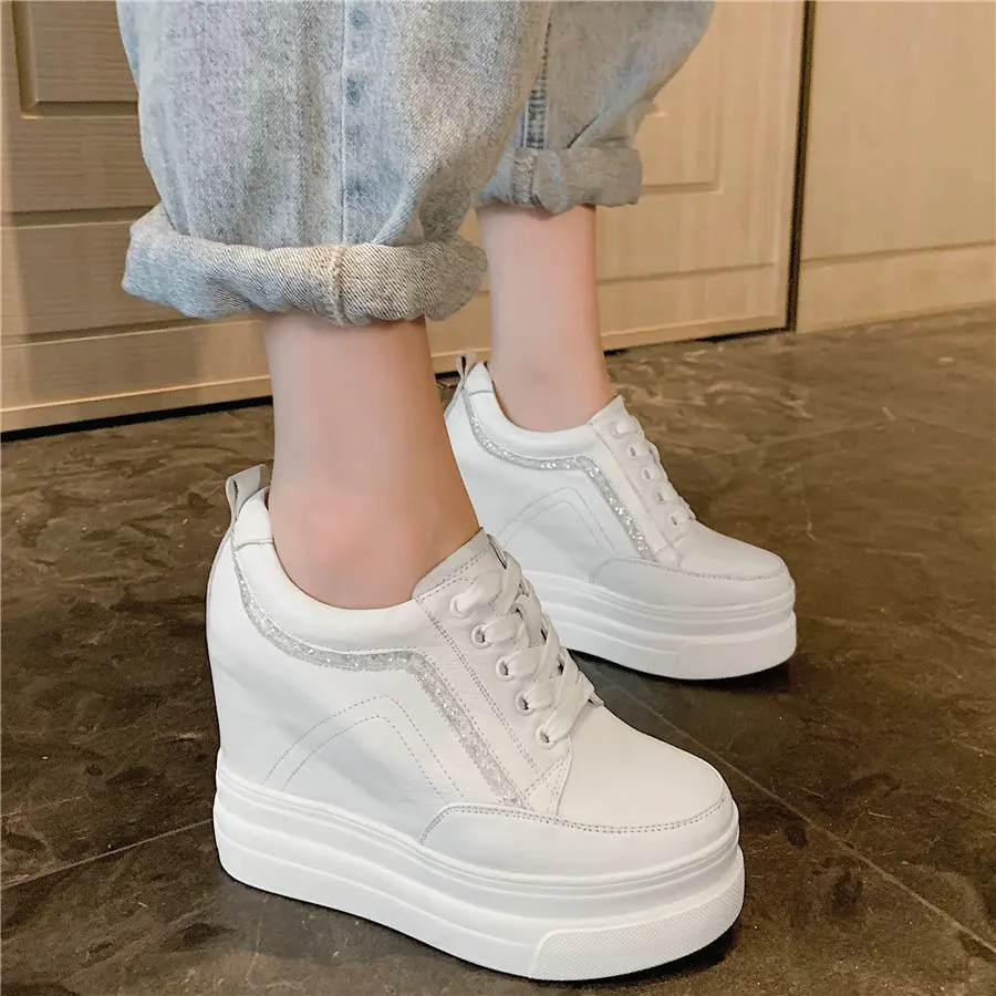 Chunky Platform Trainers Women Lace Up Cow Leather Wedges High Heel Ankle Boots Female Round Toe Fashion Sneakers Casual Shoes