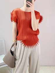 Summer New Miyak Pleated Womenoversized t shirt Tops Fashion Loose O-neck Solid Serrated Female T-shirts