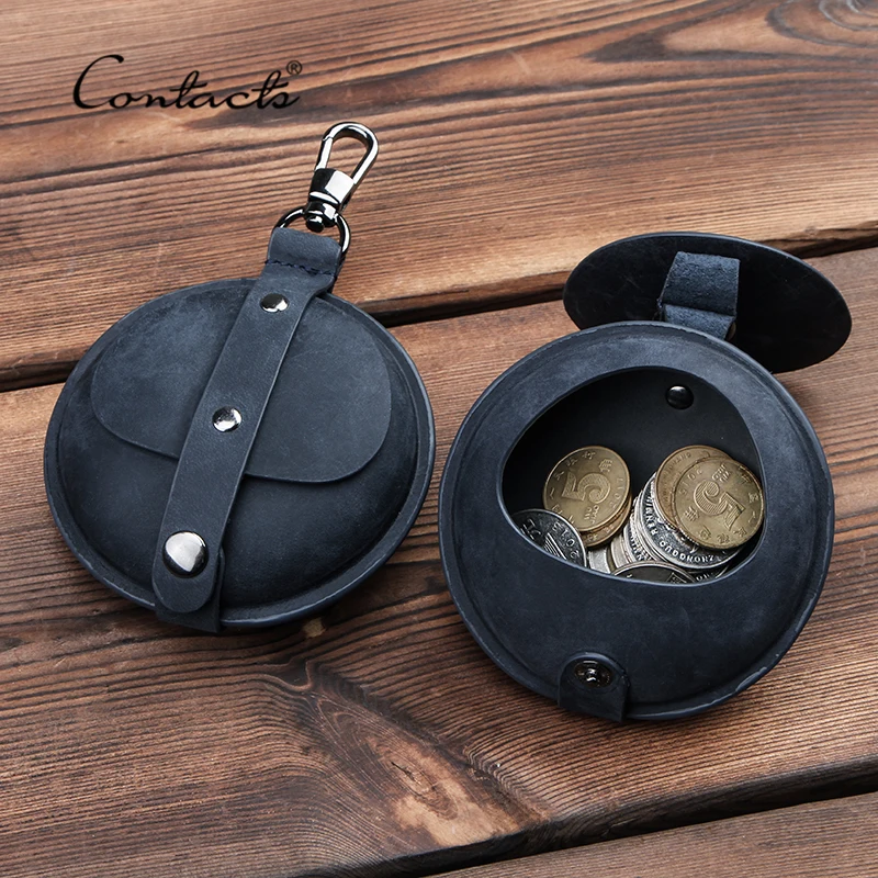 

CONTACT'S Crazy Horse Leather Coin Purse Small Wallet Men Women Vintage Mini Bag Multi-functional Money Earphone Storage Bag