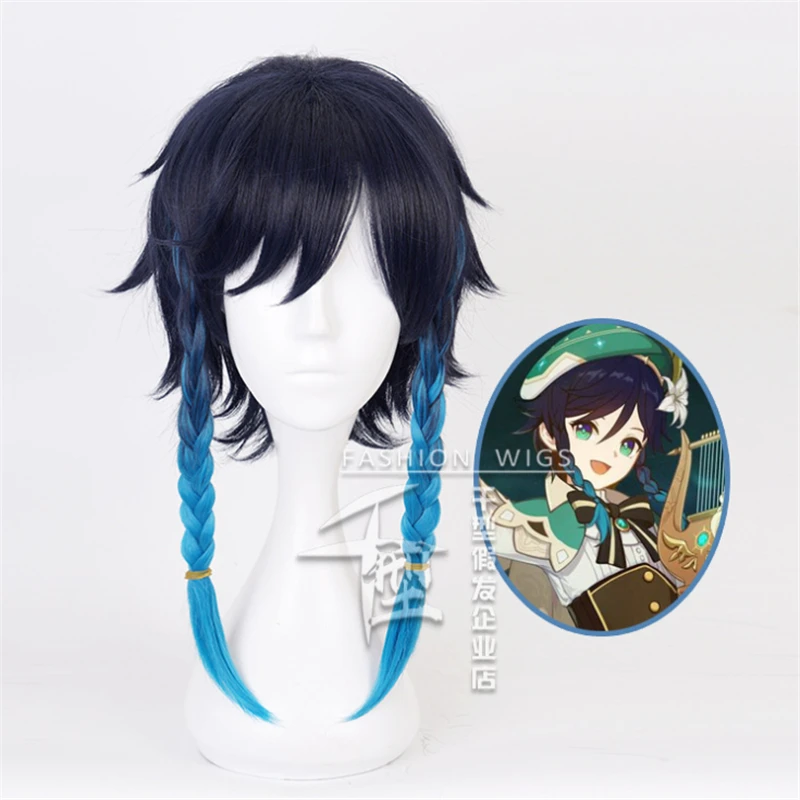 

Game Genshin Impact Venti Cosplay Wigs Gradient Blue Short Braided Wigs Heat Resistant Synthetic Hair Cosplay Wig + Wig Cap