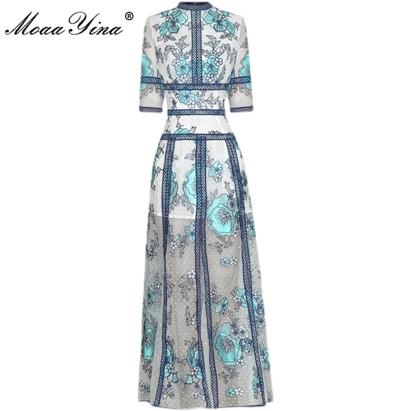 MoaaYina Fashion Designer Spring dress Women Round Neck Half Sleeve Printing Hollow Out Grace Casual Blue Ankle-Length Dress